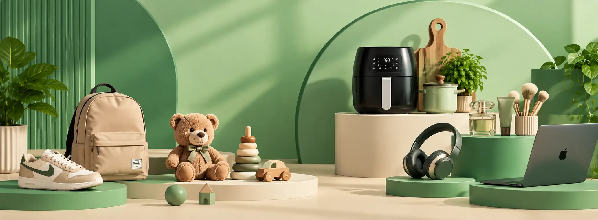 Rugzak, knuffelbeer, airfryer, koptelefoon en laptop op groene podia