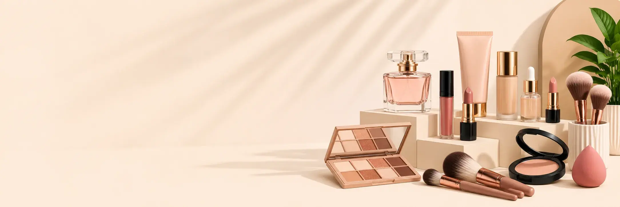 Cosmetica en verzorgingsproducten op een zandkleurige achtergrond