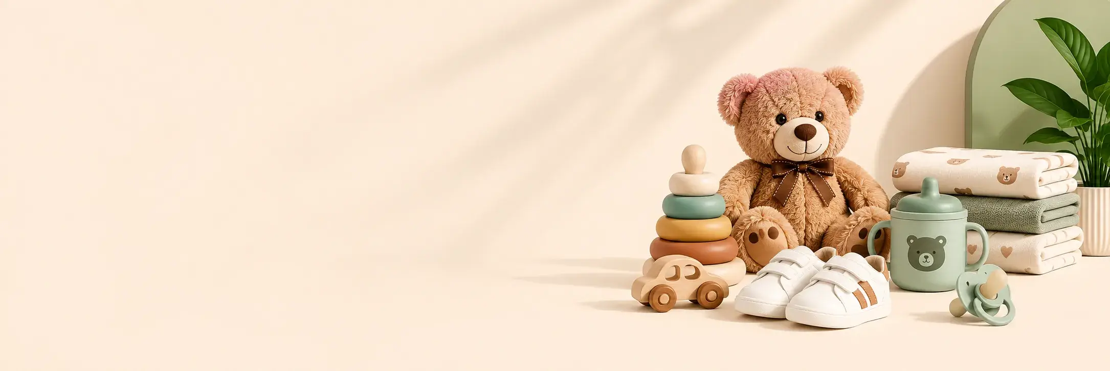 Kinderartikelen en speelgoed op een zandkleurige achtergrond