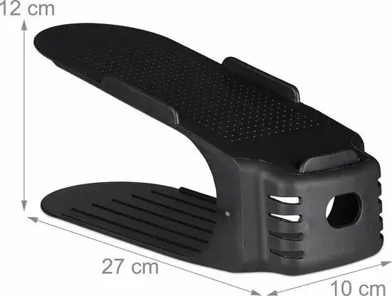 Zwarte Relaxdays schoenen organizer met afmetingen: 27 cm lang, 10 cm breed en 12 cm hoog