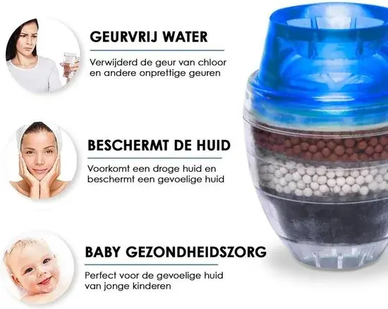 Blauw waterfilter voor op de kraan met filterlagen, met de voordelen geurvrij water, beschermt de huid en zorg voor de babyhuid