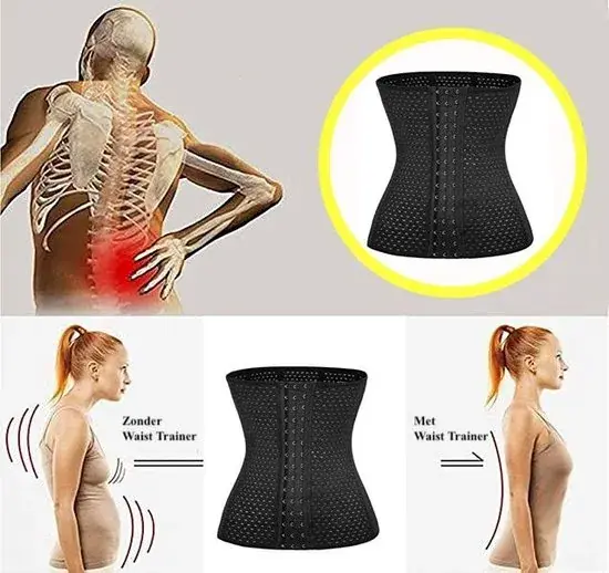 Zwart waist trainer corset met haaksluiting en ademende gaatjes, met vergelijking van de houding zonder en met waist trainer en een tekening van de onderrug