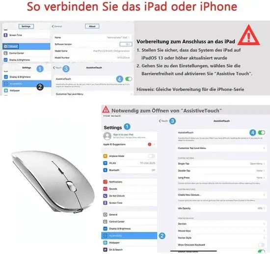 Zilvergrijze draadloze muis naast iPad-schermafbeeldingen met Duitse uitleg over het verbinden via AssistiveTouch, kop So verbinden Sie das iPad oder iPhone