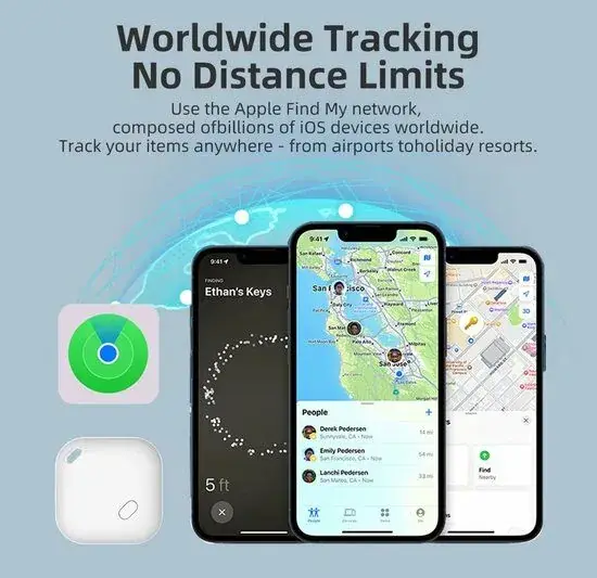 Witte mini GPS tracker naast iPhones met de Zoek mijn-app op het scherm, met de tekst Worldwide Tracking, No Distance Limits via het Apple Find My-netwerk