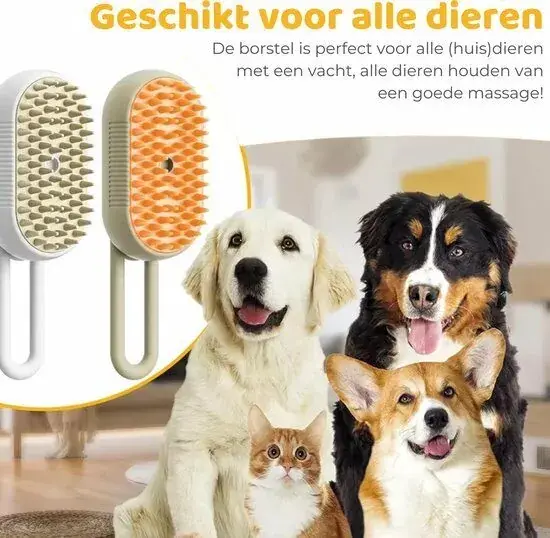 Stoomborstel voor huisdieren in beige en oranje uitvoering naast drie honden en een kat, met de tekst Geschikt voor alle dieren