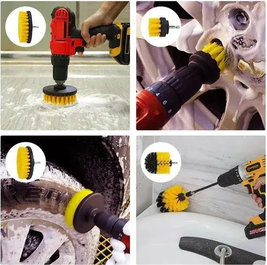 Vier voorbeelden van de gele borstels op een boormachine in gebruik: op een schuimende vloer, in een velg, op een autoband en langs een badrand