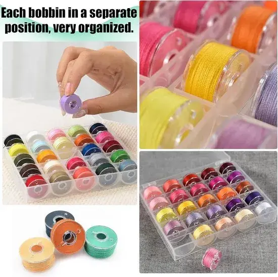 Collage van het doosje met 25 gekleurde naaimachinespoelen, een hand die er een spoel uit pakt en losse spoelen, met de tekst Each bobbin in a separate position
