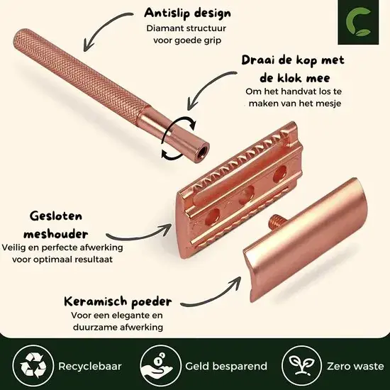 Onderdelen van het roségouden veiligheidsscheermesje uitgelegd: antislip handvat, draaibare kop, gesloten meshouder en keramische coating
