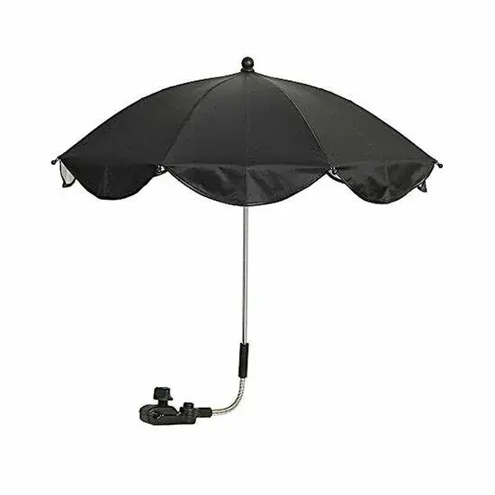 Zwarte kinderwagenparasol met geschulpte rand, verchroomde flexibele steel en een klem voor bevestiging aan de kinderwagen