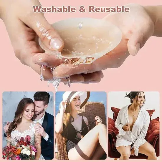 Siliconen tepelbedekker die onder de kraan wordt afgespoeld, met de tekst washable and reusable, en drie foto's van vrouwen in feestkleding