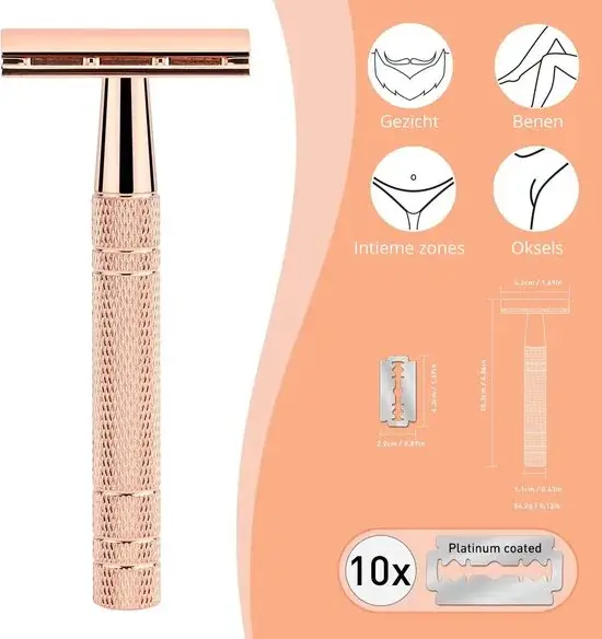 Roségouden veiligheidsscheermesje met geribbeld handvat, geschikt voor gezicht, benen, oksels en intieme zones, met 10 platinum gecoate mesjes