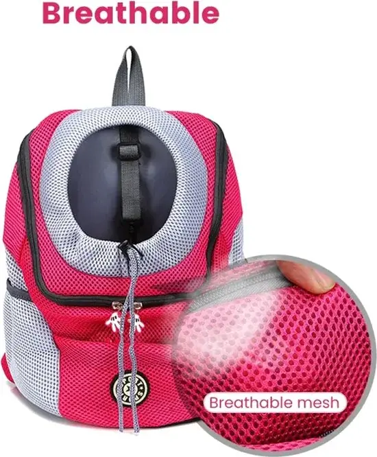 Roze hondendraagtas als rugzak met grijze ademende mesh panelen, met close-up van het mesh en de tekst breathable