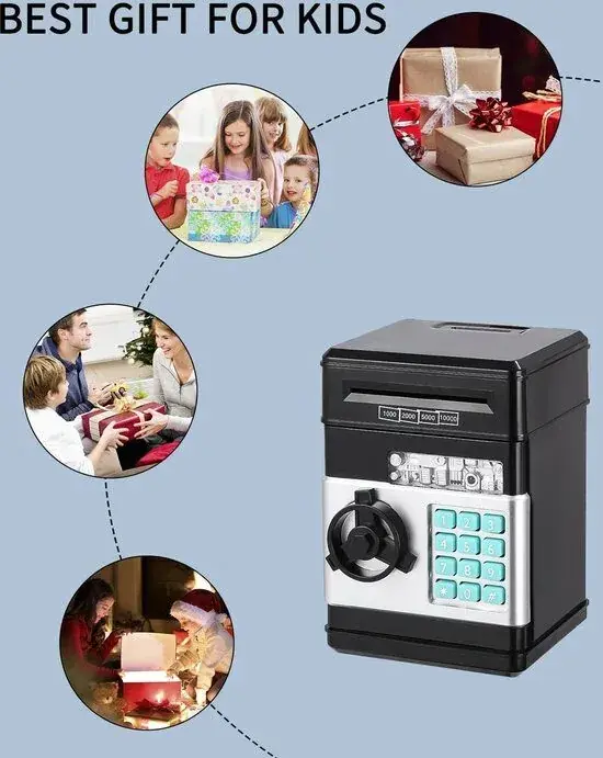 Zwarte elektronische spaarpot kluis met cijfertoetsen en biljetgleuf, met foto's van kinderen die cadeaus uitpakken en de tekst Best gift for kids