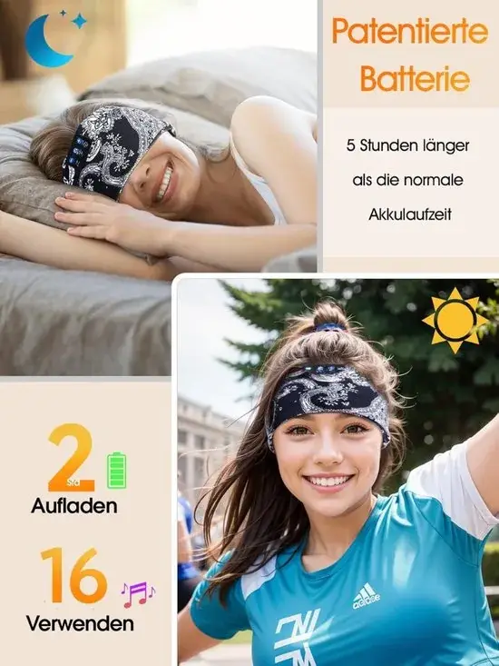 Collage van het Bluetooth slaapmasker met paisley print, gedragen in bed en als sporthoofdband, met tekst over een batterij die 5 uur langer meegaat
