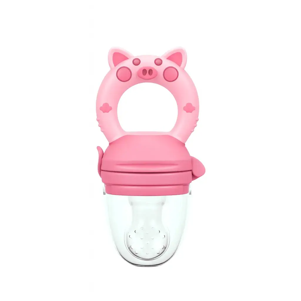 Roze fruitspeen voor baby's met varkentjesgreep en transparant siliconen zakje met gaatjes, op een lichtroze achtergrond