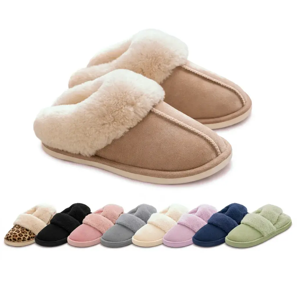Beige fluffy pantoffels met witte bontrand en suèdelook, daaronder de kleurvarianten luipaard, zwart, roze, grijs, crème, lila, marine en groen
