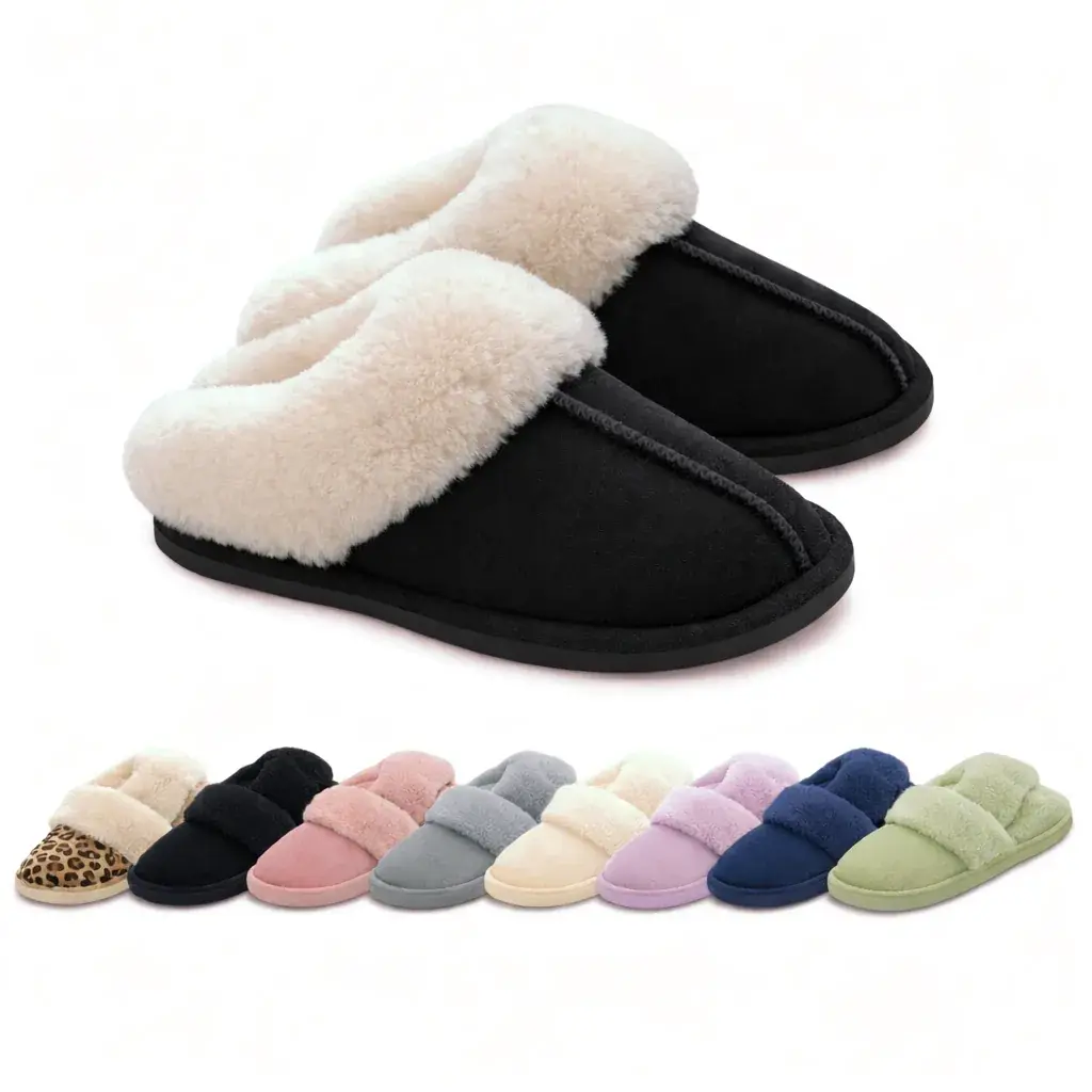 Zwarte fluffy pantoffels met crèmekleurige bontrand en suèdelook, daaronder de andere kleurvarianten van luipaard tot groen op een rij