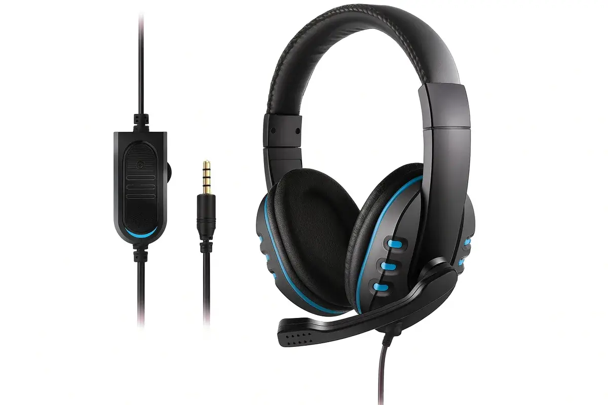 Zwarte gaming headset met blauwe accenten, gepolsterde hoofdband en flexibele microfoon, naast de inline volumeregelaar en 3,5 mm jackplug