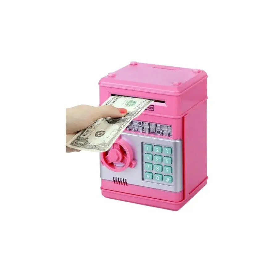 Roze elektronische spaarpot in de vorm van een kluis met pincodetoetsen, waar een hand een bankbiljet in de gleuf steekt