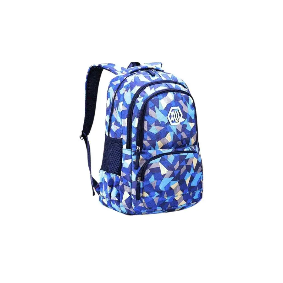 Blauwe schoolrugzak van 35 liter met abstract geometrisch patroon, meerdere ritsvakken, zijvak van mesh en gepolsterde schouderbanden