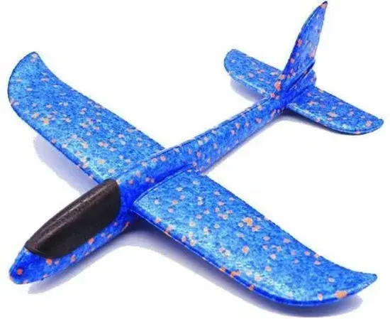 Blauw foam zweefvliegtuig XL met oranje spikkels en zwarte neus, gezien van schuin boven