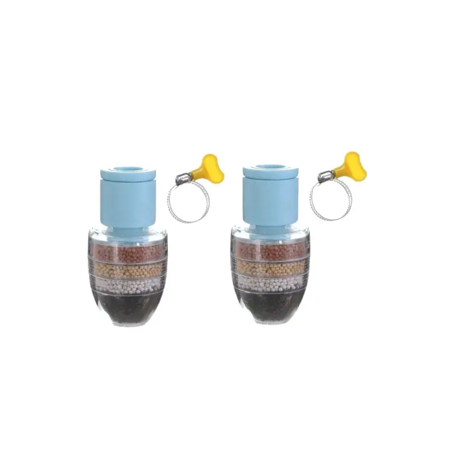 Twee blauwe kraanfilters met transparante behuizing en meerlaagse filterkorrels, elk met een slangklem, set van 2 stuks