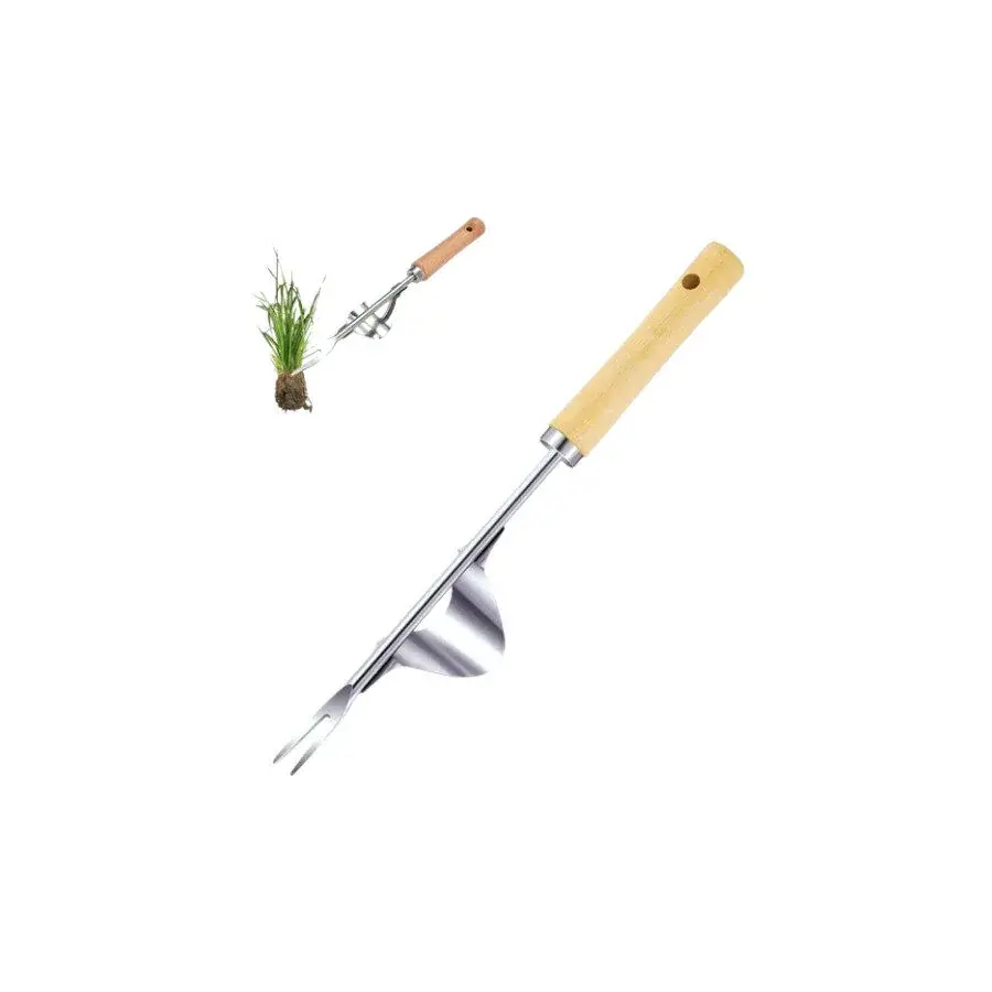Onkruidwieder met houten handvat, roestvrijstalen vork en hefboom, met een klein voorbeeld van een uitgetrokken pol onkruid met wortel