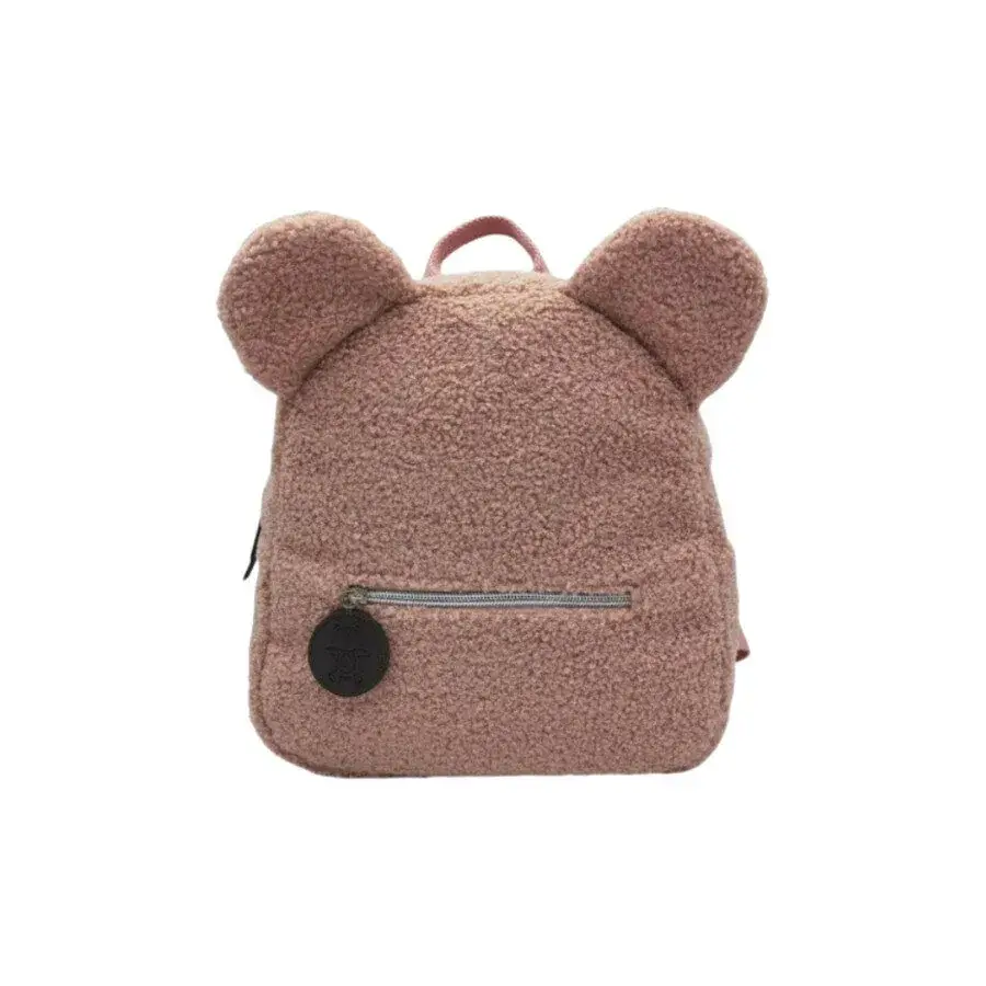 Oudroze teddy rugtas voor kinderen met twee pluche oortjes, zilverkleurige rits en rond zwart hanglabel