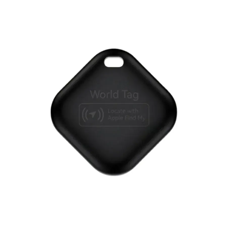 Zwarte mini GPS tracker World Tag in ruitvorm met de tekst Locate with Apple Find My