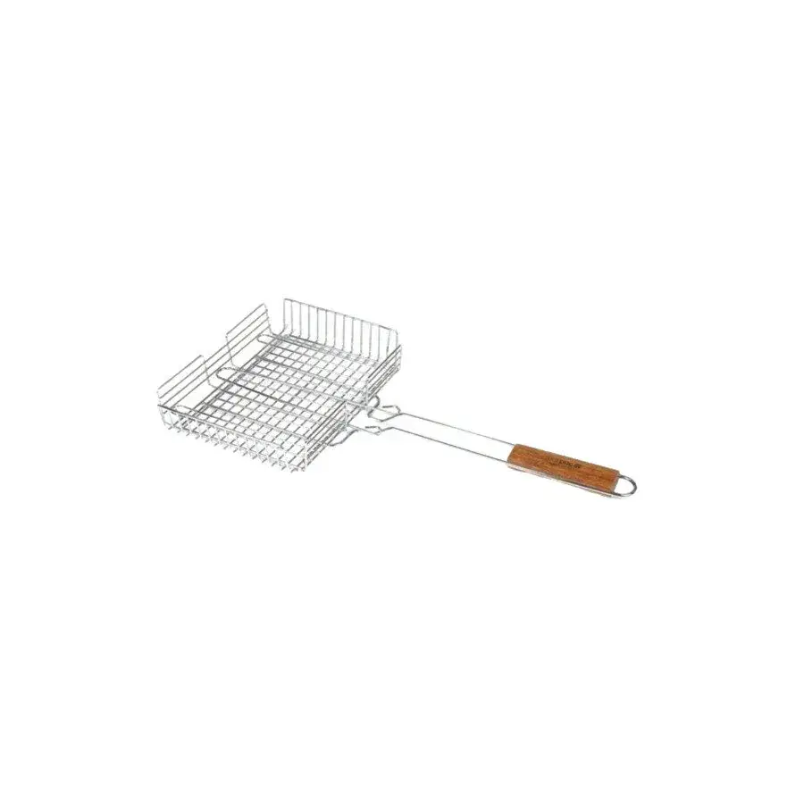 Elite barbecue rooster van verchroomd draadstaal met diepe klemmand en houten handvat
