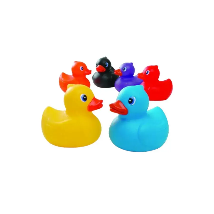 Zes vrolijke badeendjes van Eddy Toys in geel, blauw, rood, oranje, paars en zwart
