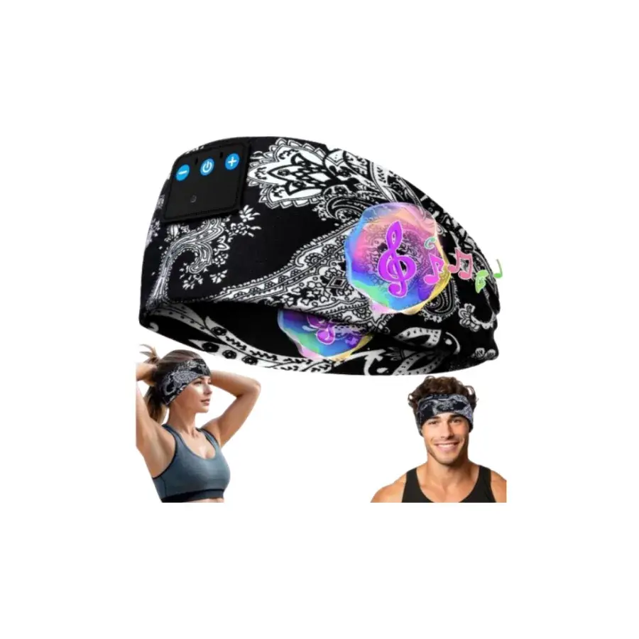 Slaapmasker met Bluetooth in zwart-witte paisley print met bedieningsknopjes, gedragen door een vrouw en een man