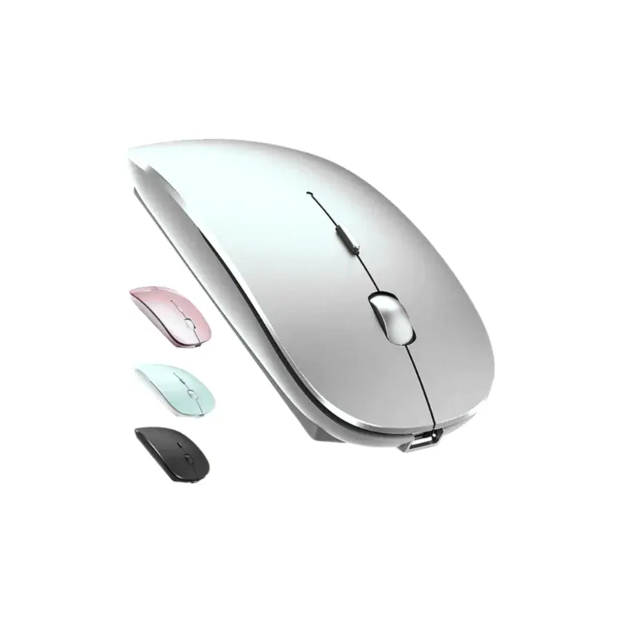 Zilverkleurige draadloze oplaadbare muis met scrollwiel en usb-aansluiting, ook in roze, mintgroen en zwart