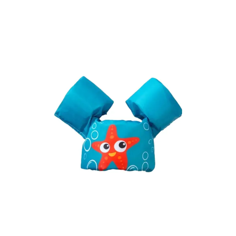 YAR zwemvest voor kinderen in turquoise met oranje zeester print en twee drijfarmbanden
