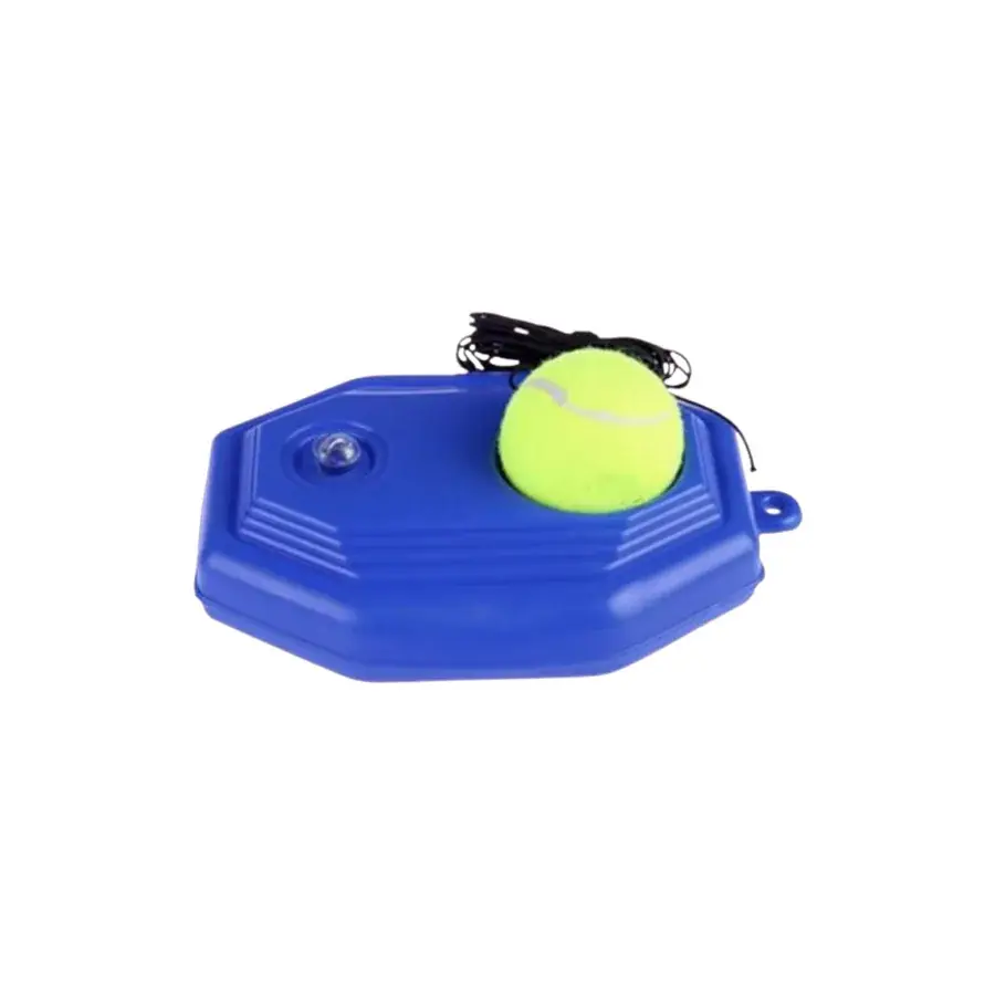 Tennis trainer set met blauwe kunststof voet en gele tennisbal aan een elastisch koord