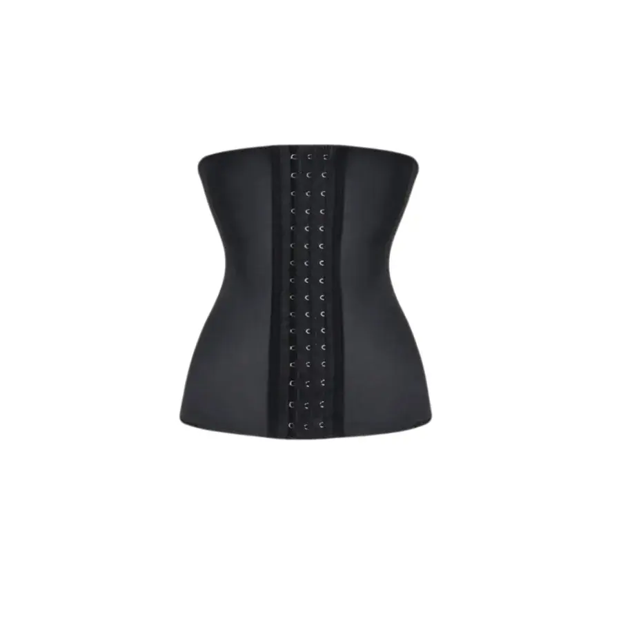 Zwarte waist trainer corset met drie rijen haak-en-oogsluiting aan de voorkant, getoond zonder model