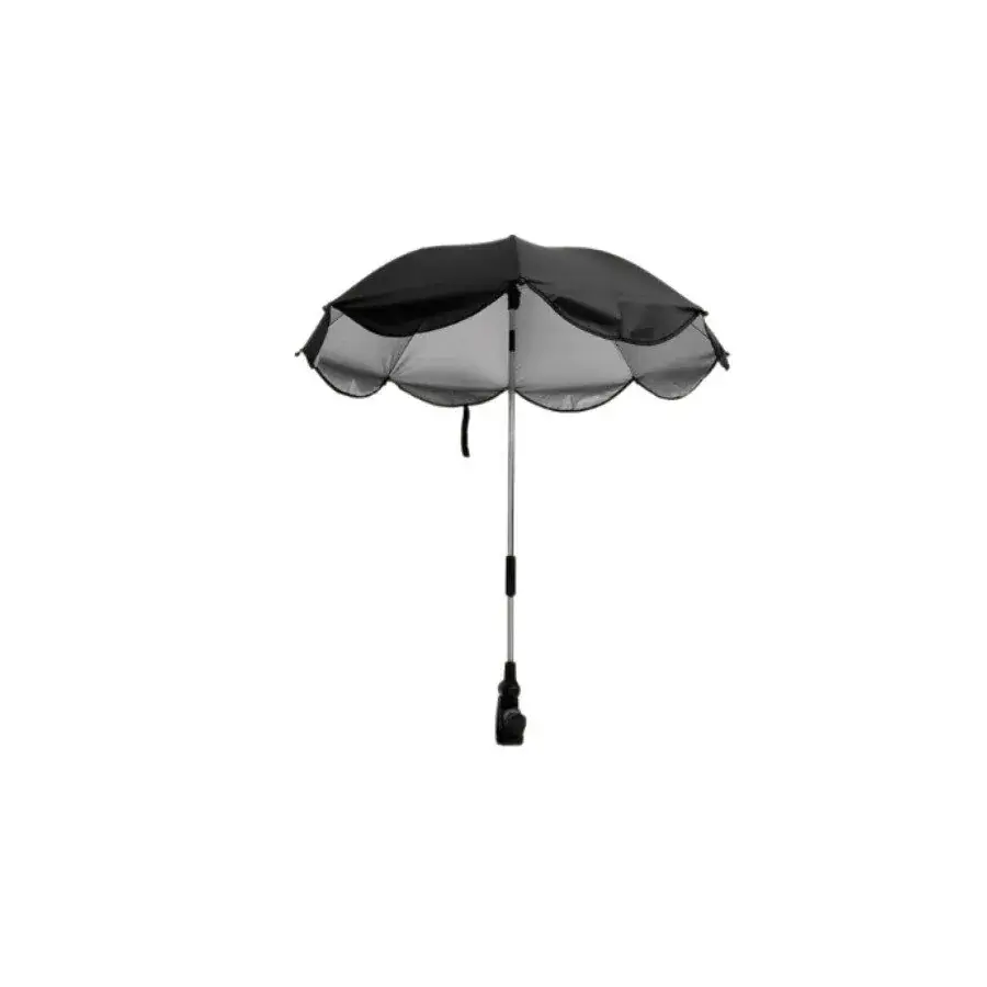 Zwarte 2-in-1 kinderwagen parasol met geschulpte rand, telescopische steel en klem voor bevestiging aan de wagen