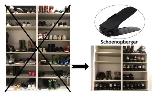 Collage: een overvolle schoenenkast doorgestreept, met een pijl naar dezelfde kast netjes gevuld met de zwarte schoenopberger